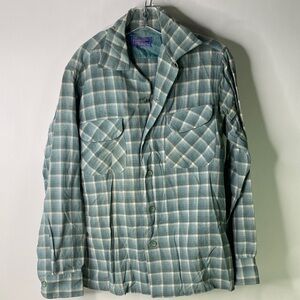 Pendleton Teal and Cream Plaid Wool Shirt Jacket Men’s Size Small- 1401